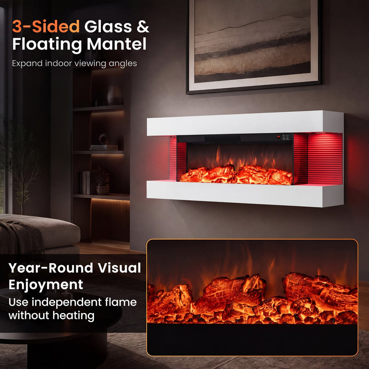 3-Sided White Wall Mount Electric WiFi Fireplace with Floating Mantel and 12 Flame Ambient Colors-40"-Fireplaces-DECOROLALA