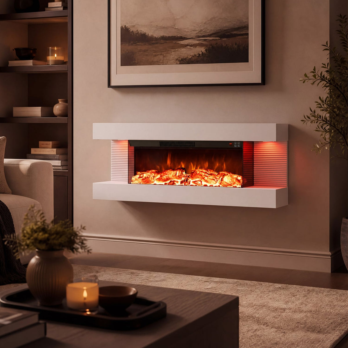 3-Sided White Wall Mount Electric WiFi Fireplace with Floating Mantel and 12 Flame Ambient Colors-40"-Fireplaces-DECOROLALA