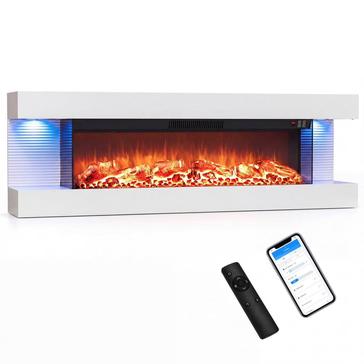 3-Sided White Wall Mount Electric WiFi Fireplace with Floating Mantel and 12 Flame Ambient Colors-50"-Fireplaces-DECOROLALA