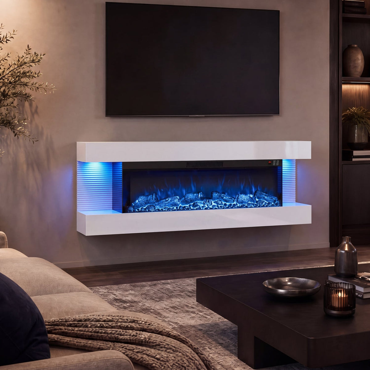 3-Sided White Wall Mount Electric WiFi Fireplace with Floating Mantel and 12 Flame Ambient Colors-50"-Fireplaces-DECOROLALA