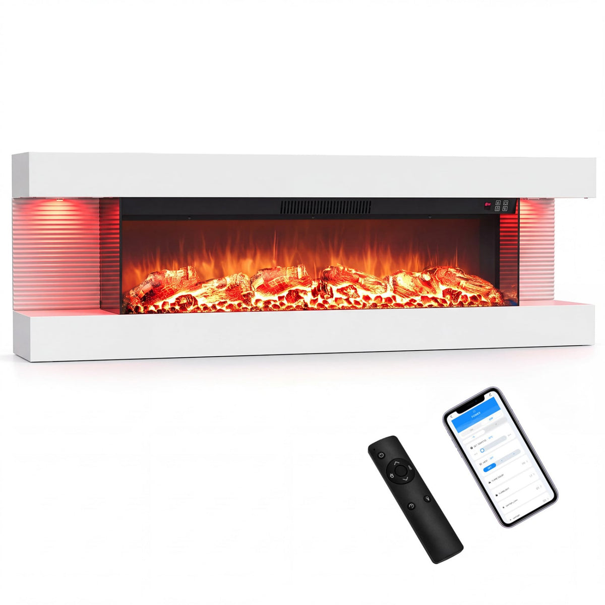 3-Sided White Wall Mount Electric WiFi Fireplace with Floating Mantel and 12 Flame Ambient Colors-50"-Fireplaces-DECOROLALA