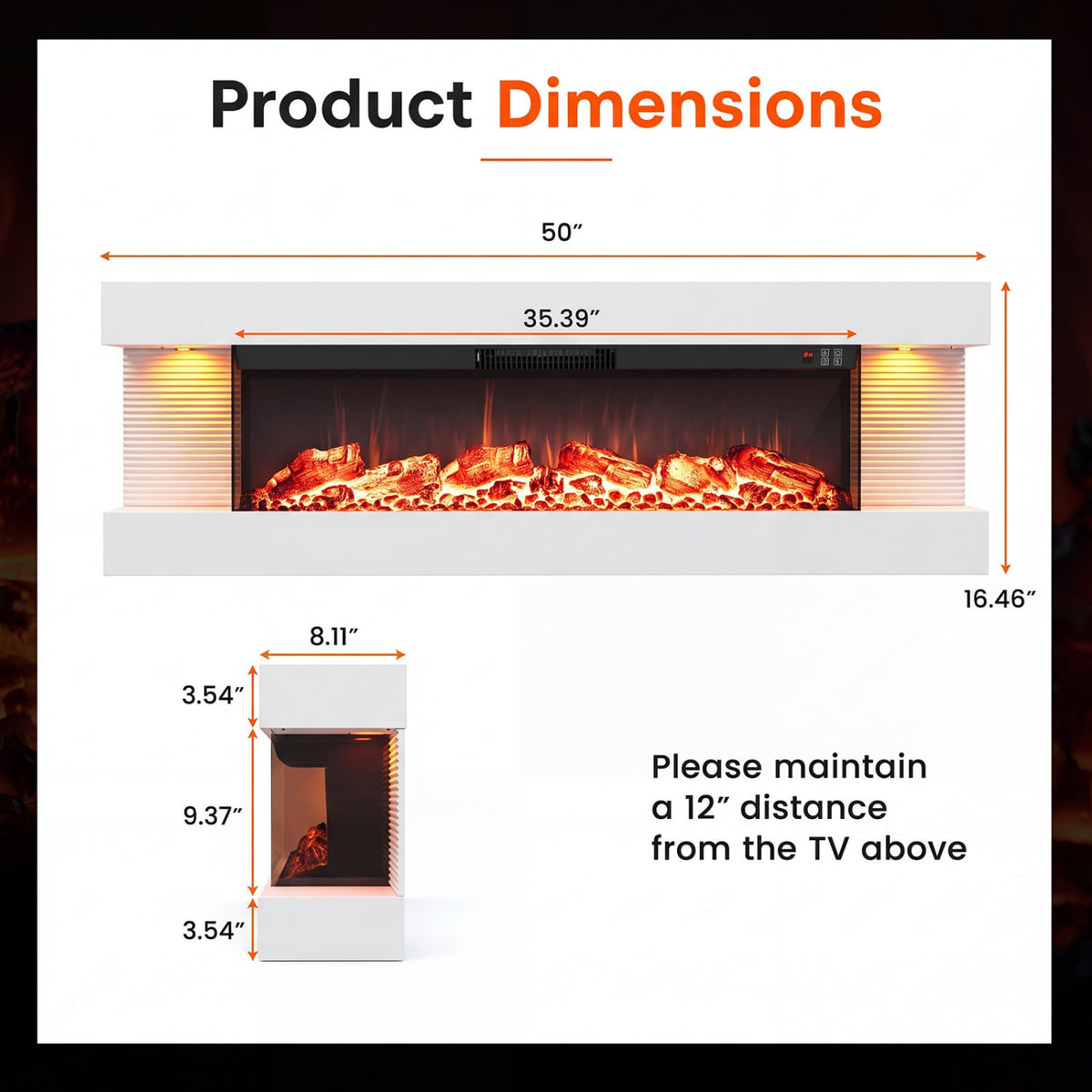 3-Sided White Wall Mount Electric WiFi Fireplace with Floating Mantel and 12 Flame Ambient Colors-50"-Fireplaces-DECOROLALA