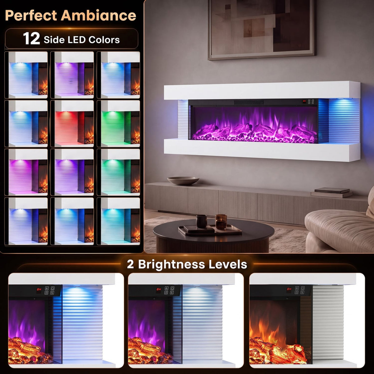3-Sided White Wall Mount Electric WiFi Fireplace with Floating Mantel and 12 Flame Ambient Colors-50"-Fireplaces-DECOROLALA
