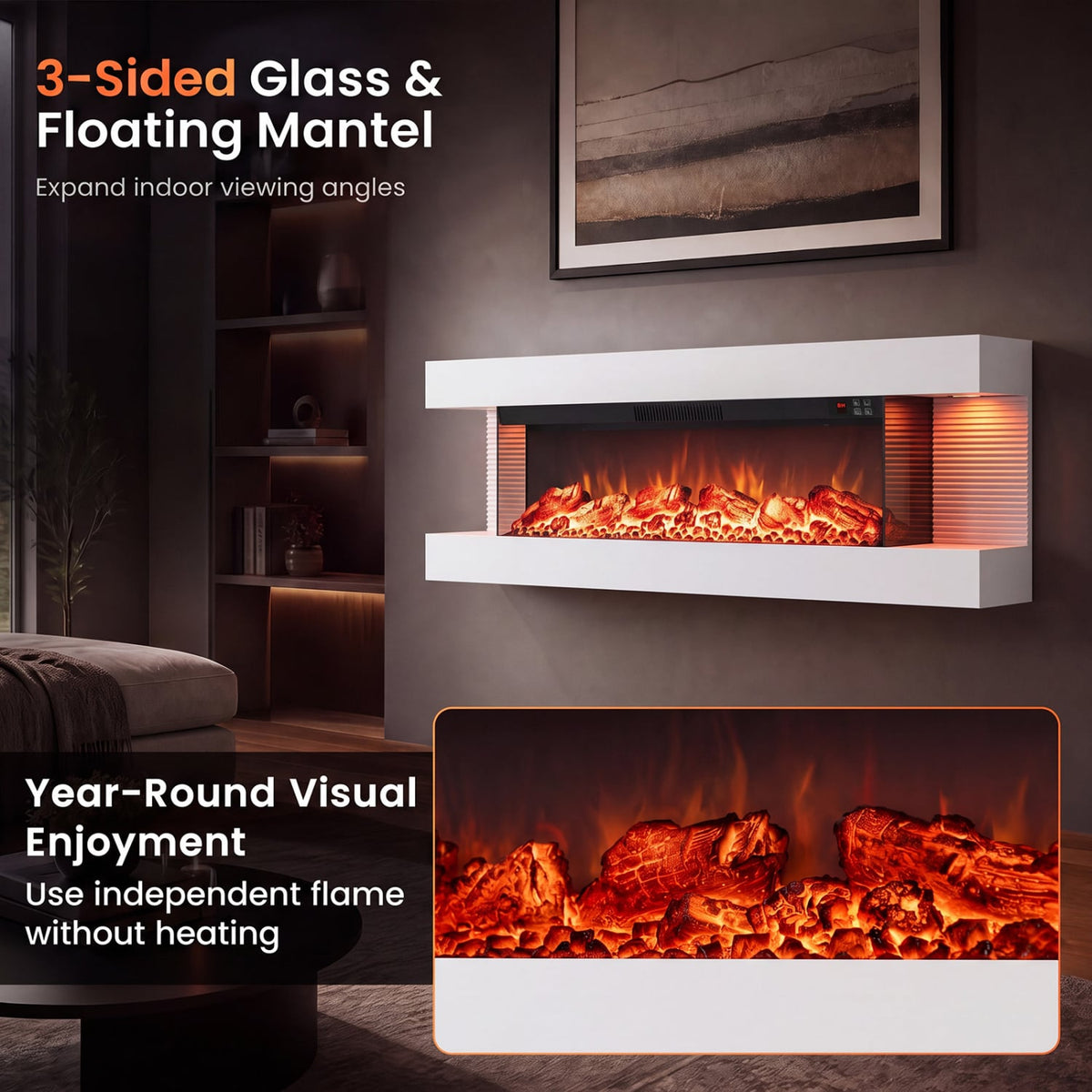 3-Sided White Wall Mount Electric WiFi Fireplace with Floating Mantel and 12 Flame Ambient Colors-50"-Fireplaces-DECOROLALA
