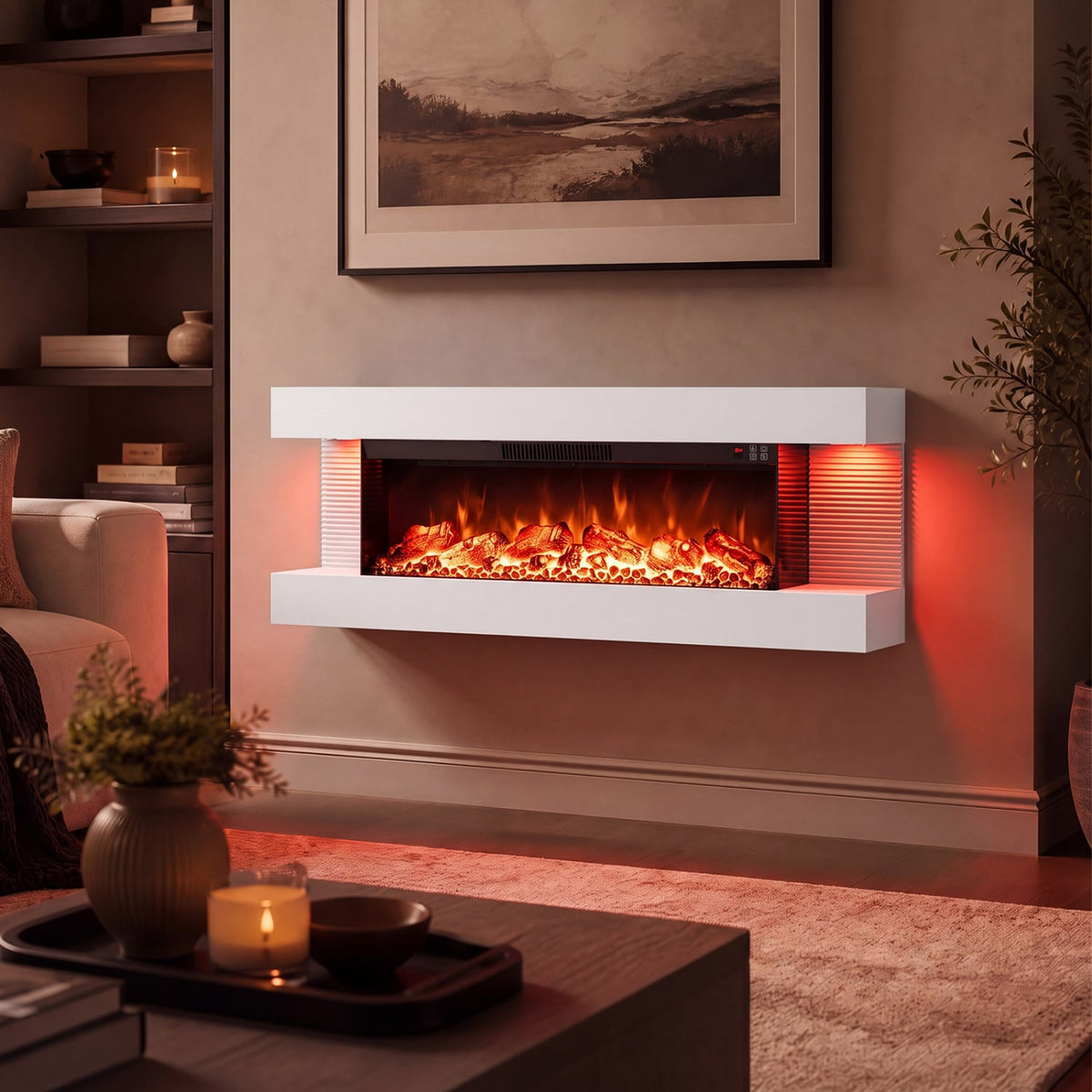 3-Sided White Wall Mount Electric WiFi Fireplace with Floating Mantel and 12 Flame Ambient Colors-50"-Fireplaces-DECOROLALA