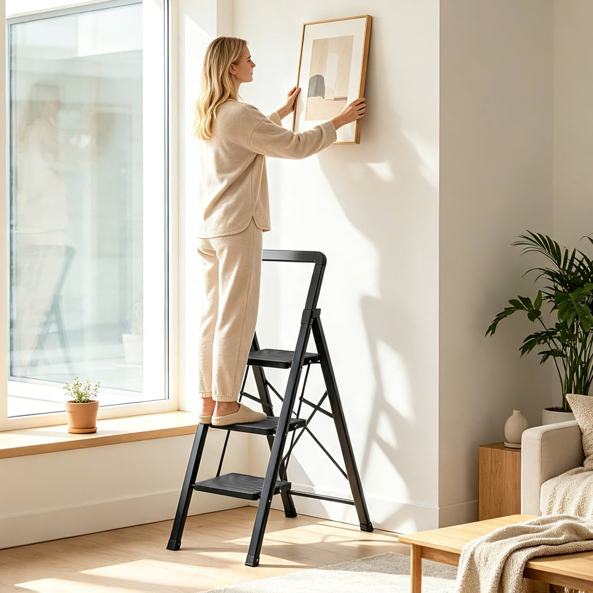 3 Step Black Folding Step Stool with Wide Anti-slip Pedals-Ladders-DECOROLALA