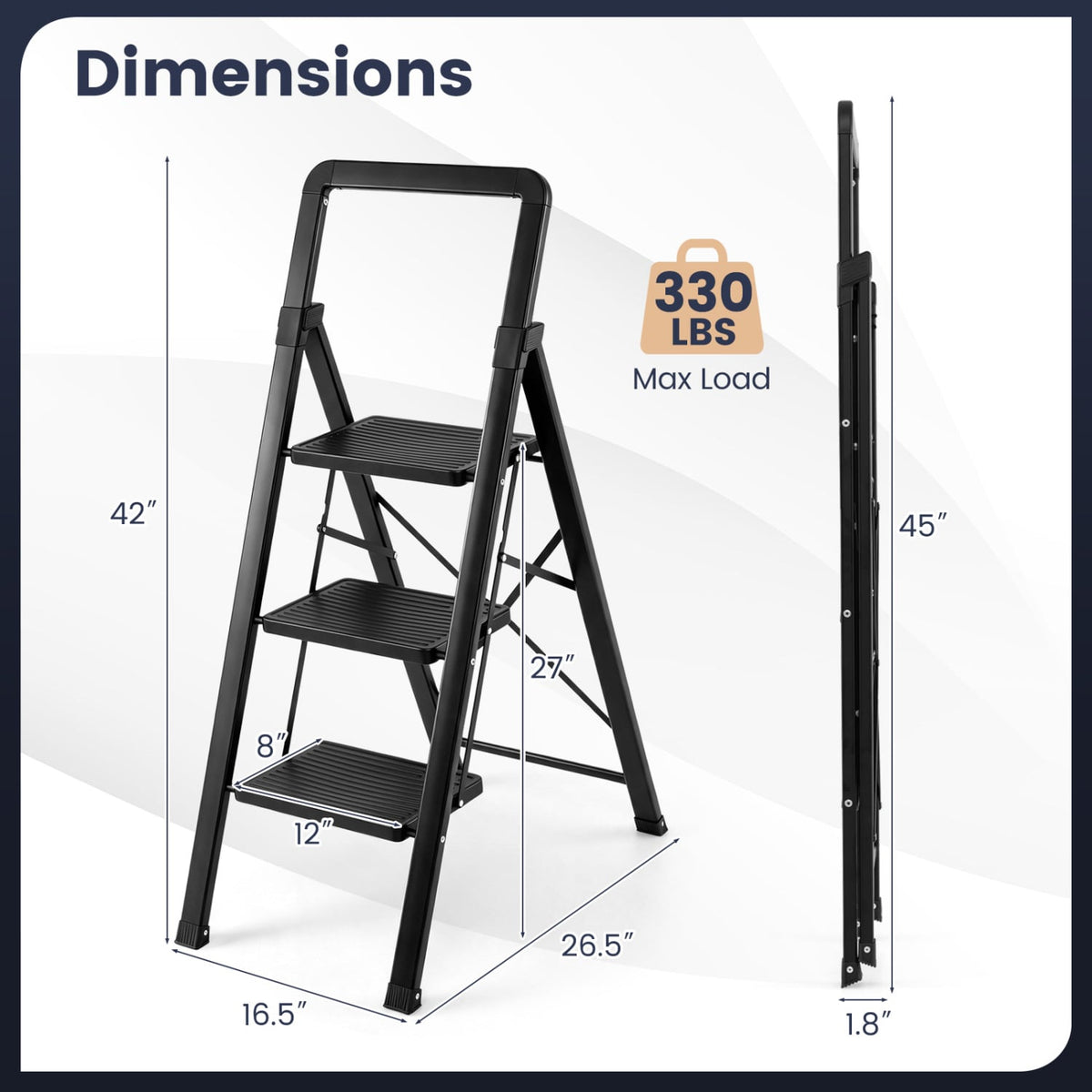 3 Step Black Folding Step Stool with Wide Anti-slip Pedals-Ladders-DECOROLALA
