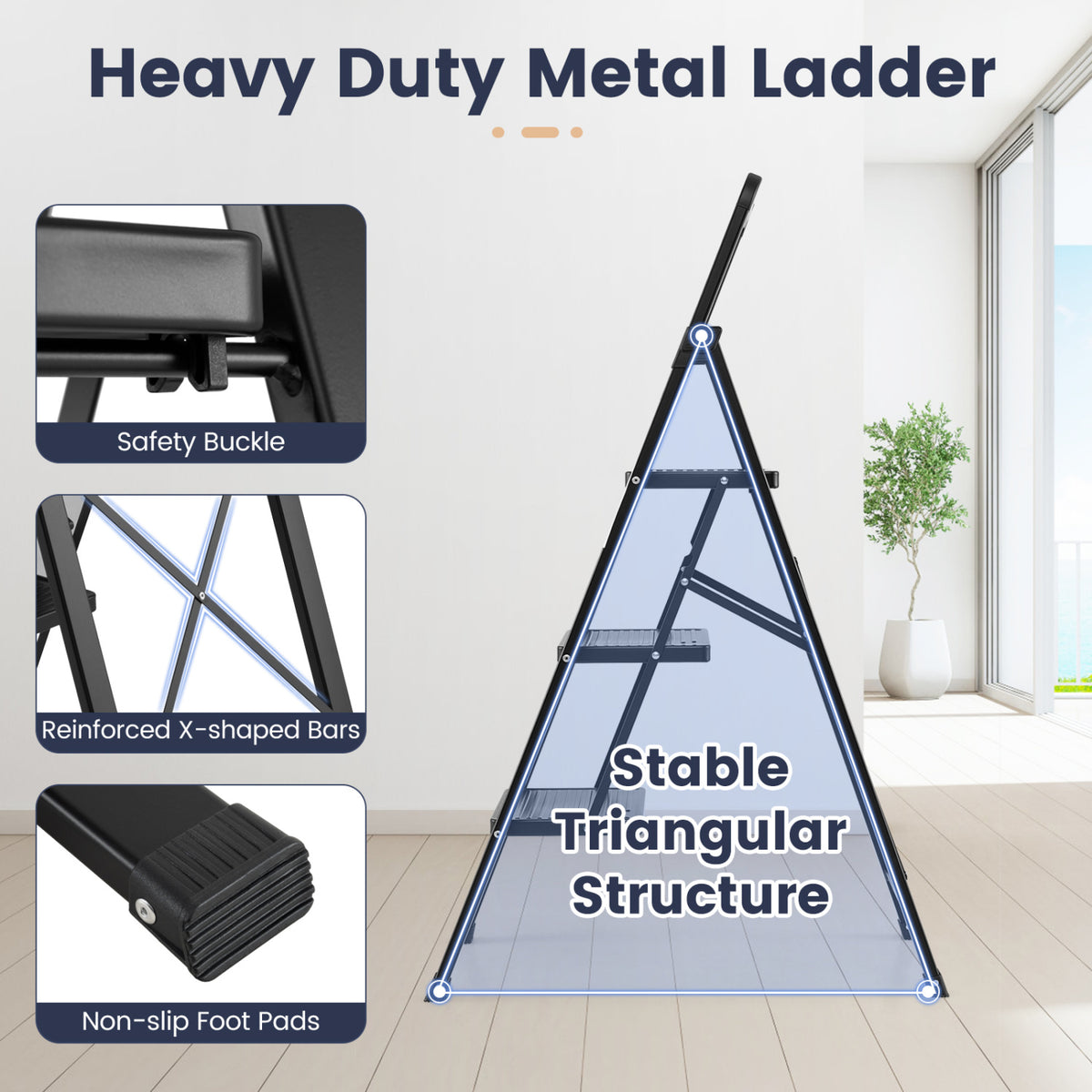 3 Step Black Folding Step Stool with Wide Anti-slip Pedals-Ladders-DECOROLALA
