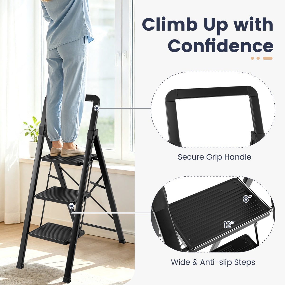 3 Step Black Folding Step Stool with Wide Anti-slip Pedals-Ladders-DECOROLALA