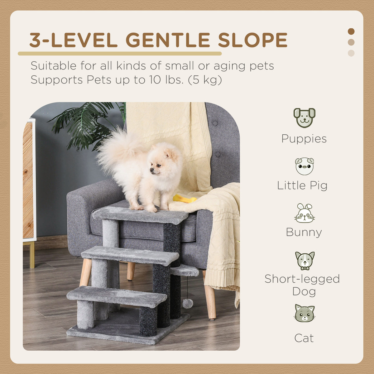 3-Step Cat Stairs with Scratching Posts and Toy - Light Grey-Cats-DECOROLALA