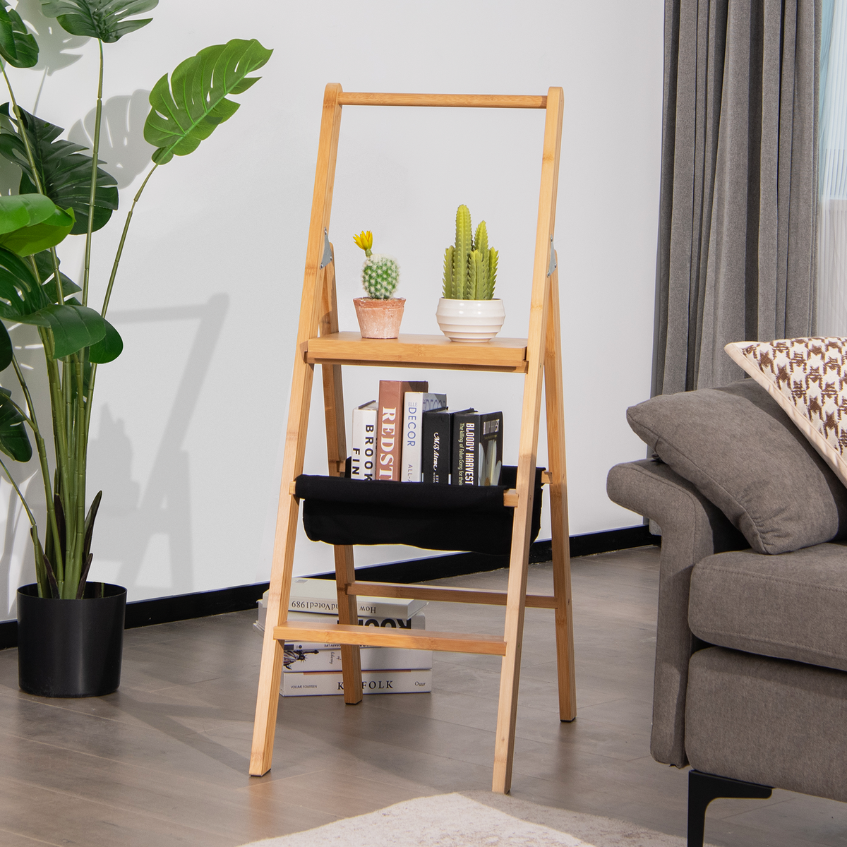 3 Step Foldable Bamboo Step Ladder Stool with Tool Storage Bag-Natural-Ladders-DECOROLALA