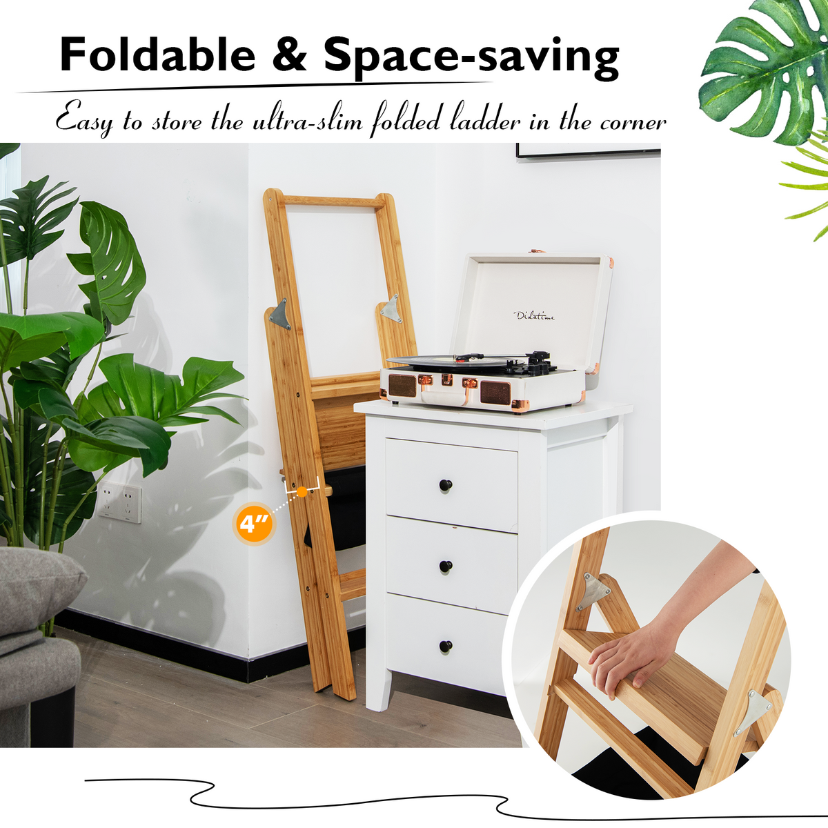 3 Step Foldable Bamboo Step Ladder Stool with Tool Storage Bag-Natural-Ladders-DECOROLALA
