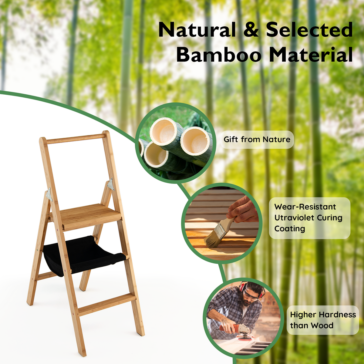 3 Step Foldable Bamboo Step Ladder Stool with Tool Storage Bag-Natural-Ladders-DECOROLALA