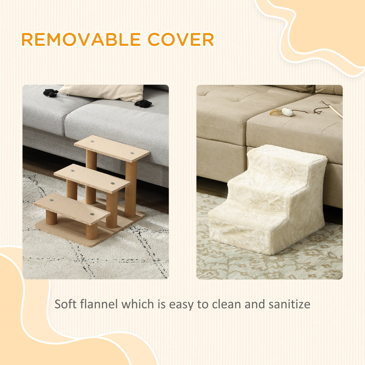 3-Step Pet Stairs with Removable Cover - Beige 18"W x 14"H-Dogs-DECOROLALA