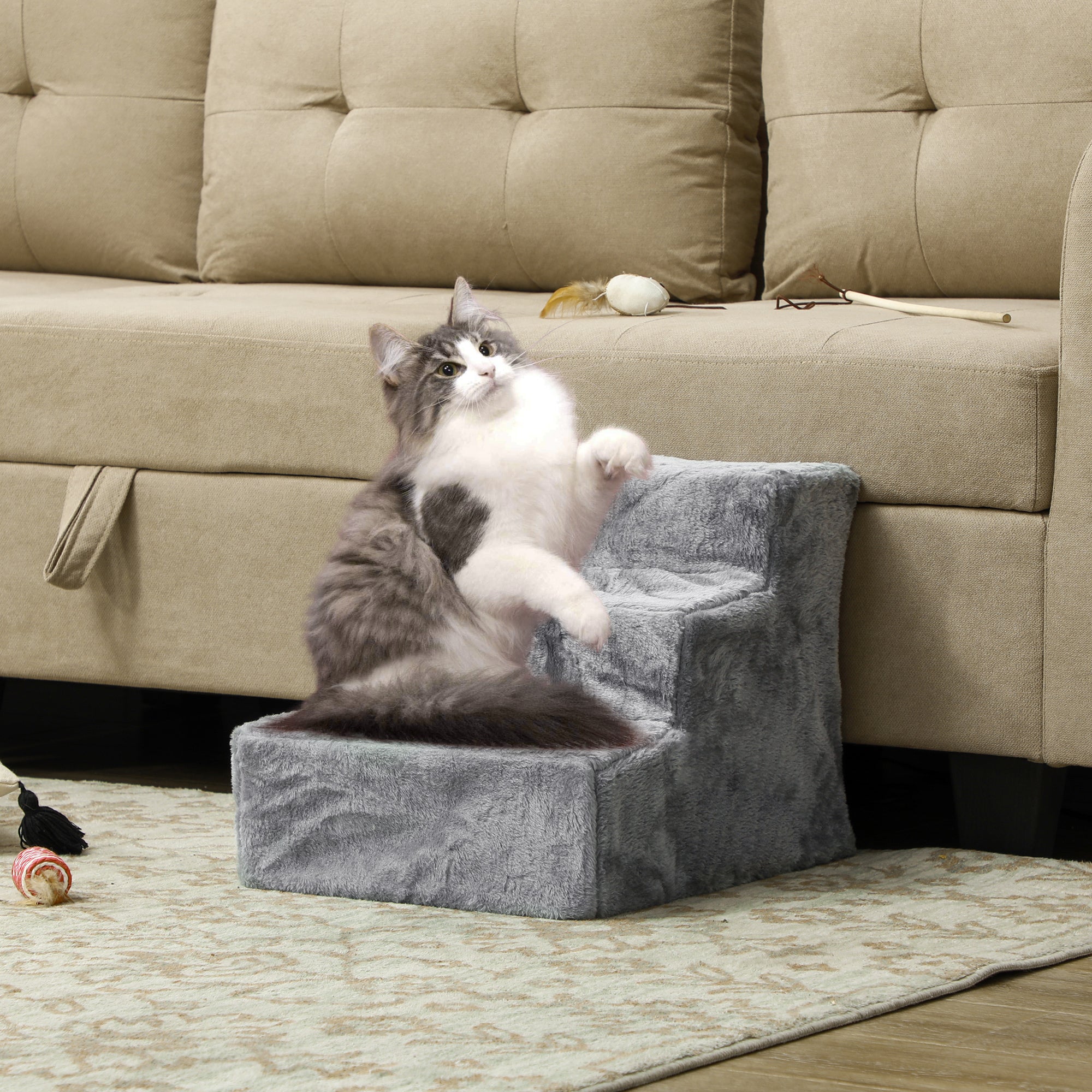 3-Step Pet Stairs with Removable Cover - Light Grey-Dogs-DECOROLALA