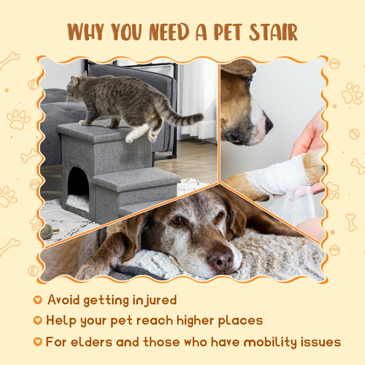 3-Step Pet Stairs with Storage and Condo - Light Grey-Dogs-DECOROLALA