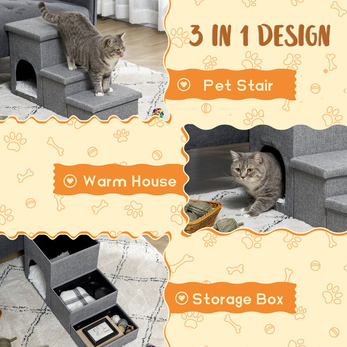 3-Step Pet Stairs with Storage and Condo - Light Grey-Dogs-DECOROLALA