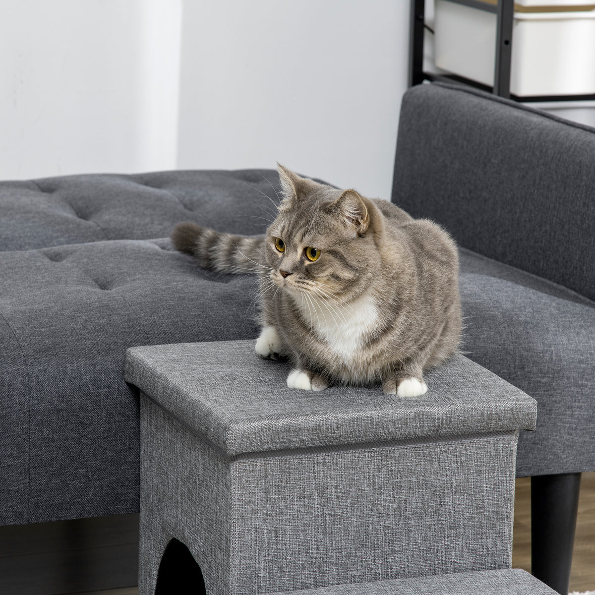 3-Step Pet Stairs with Storage and Condo - Light Grey-Dogs-DECOROLALA