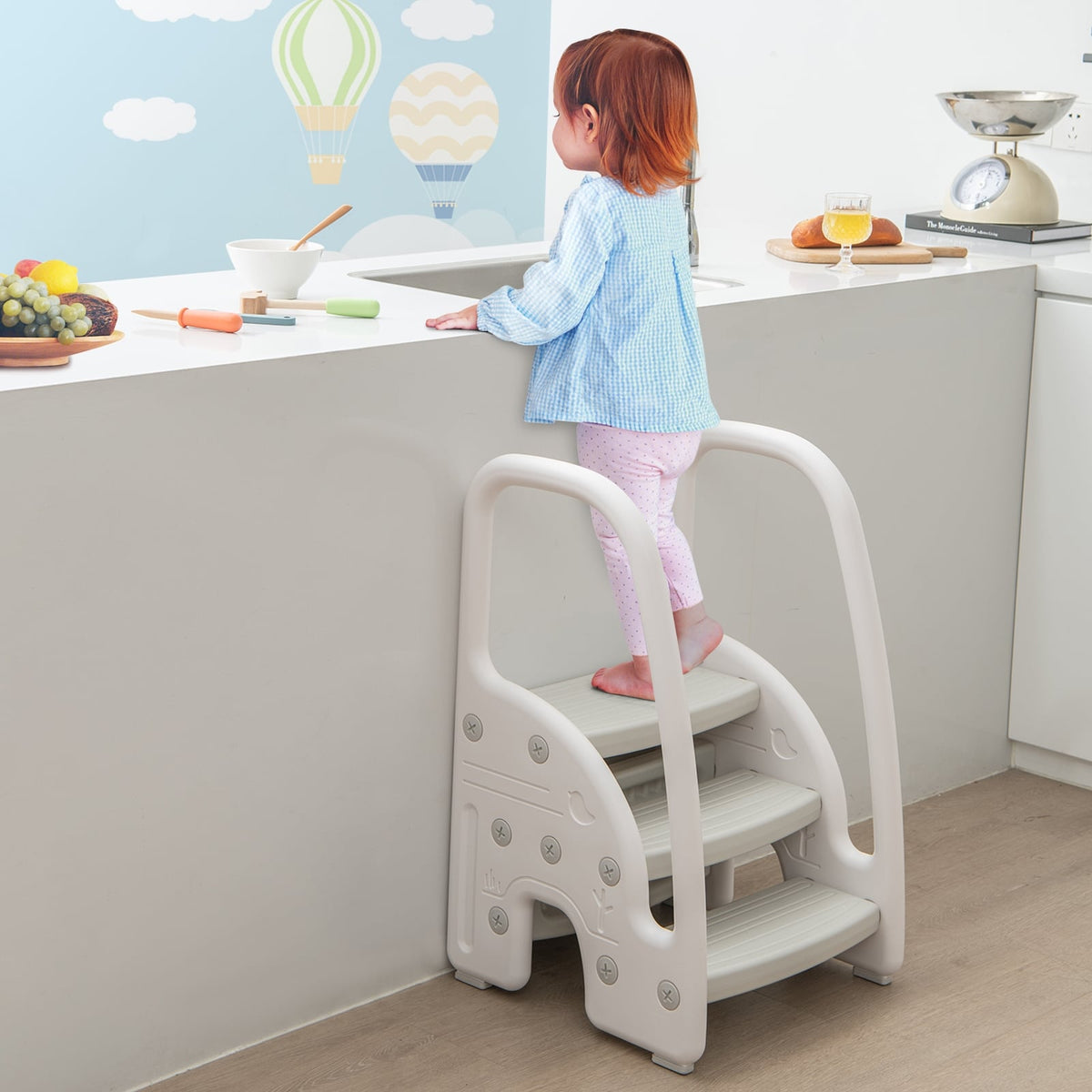 3-Step Stool with Safety Handles and Non-slip Pedals for Toddlers-Gray-Toddler & Kids Furniture-DECOROLALA