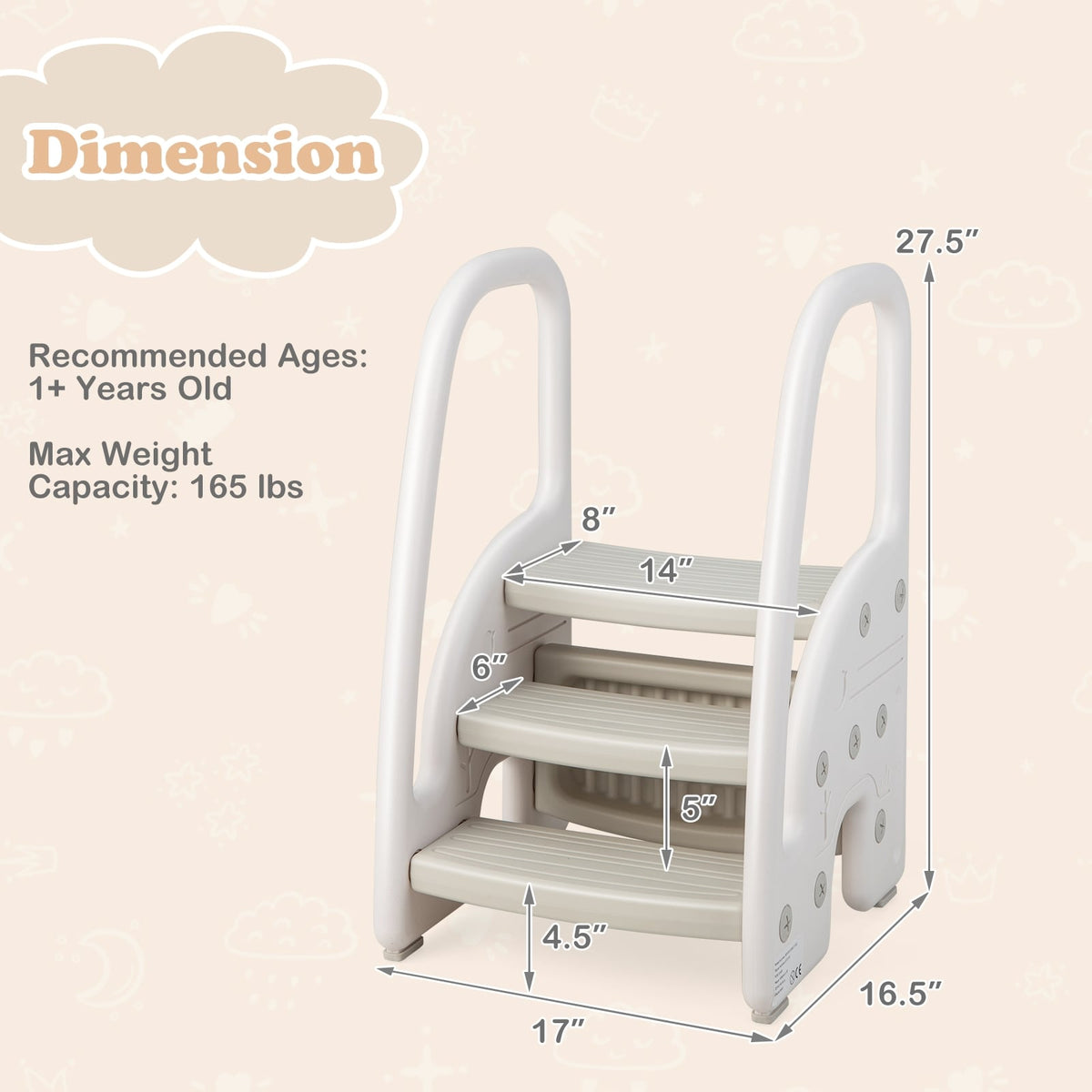 3-Step Stool with Safety Handles and Non-slip Pedals for Toddlers-Gray-Toddler & Kids Furniture-DECOROLALA