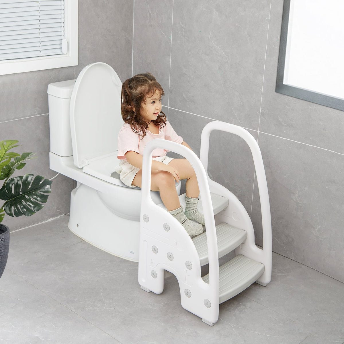 3-Step Stool with Safety Handles and Non-slip Pedals for Toddlers-Gray-Toddler & Kids Furniture-DECOROLALA