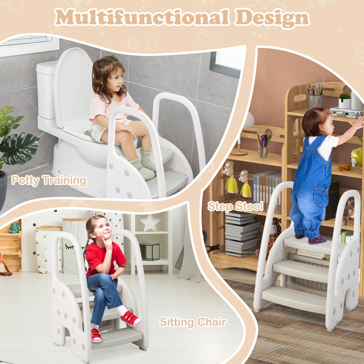 3-Step Stool with Safety Handles and Non-slip Pedals for Toddlers-Gray-Toddler & Kids Furniture-DECOROLALA
