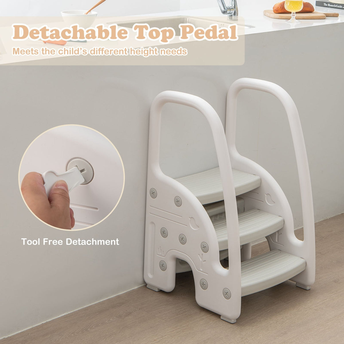 3-Step Stool with Safety Handles and Non-slip Pedals for Toddlers-Gray-Toddler & Kids Furniture-DECOROLALA