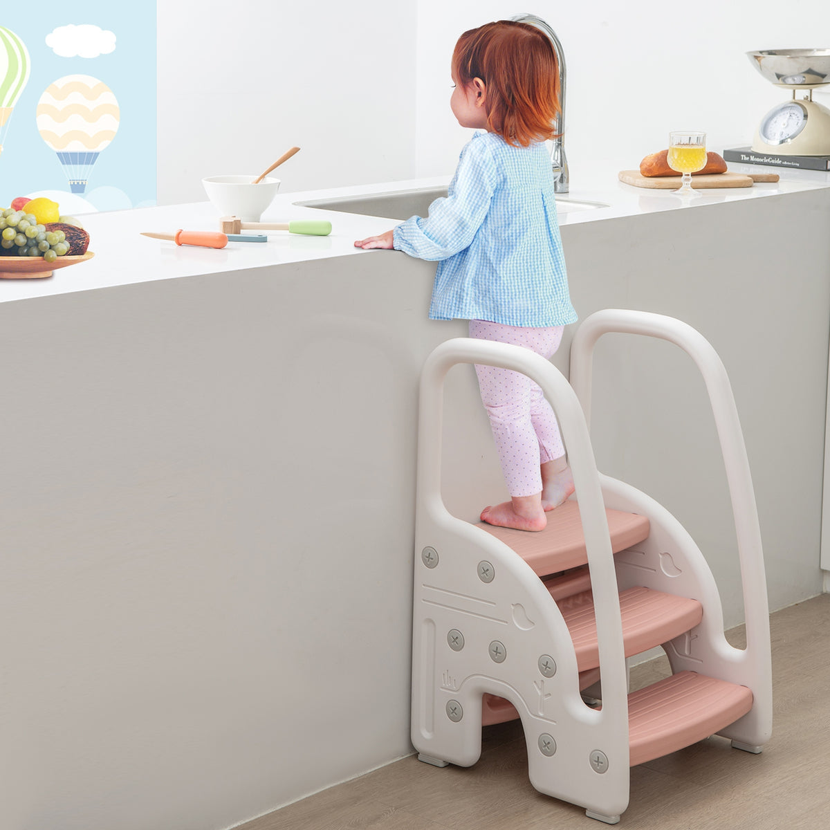 3-Step Stool with Safety Handles and Non-slip Pedals for Toddlers-Pink-Toddler & Kids Furniture-DECOROLALA