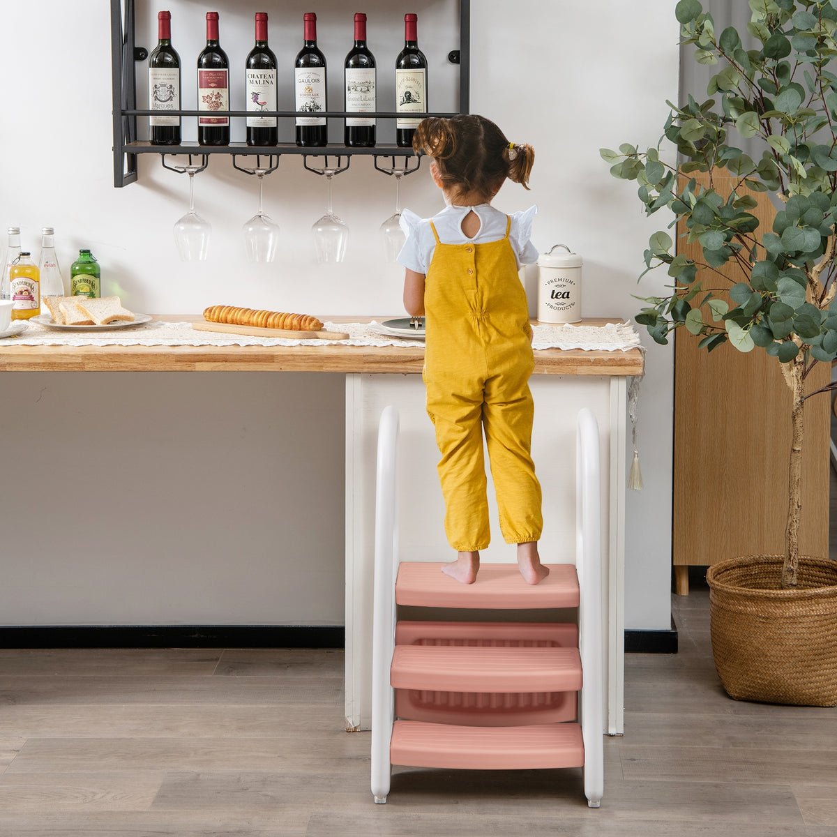3-Step Stool with Safety Handles and Non-slip Pedals for Toddlers-Pink-Toddler & Kids Furniture-DECOROLALA