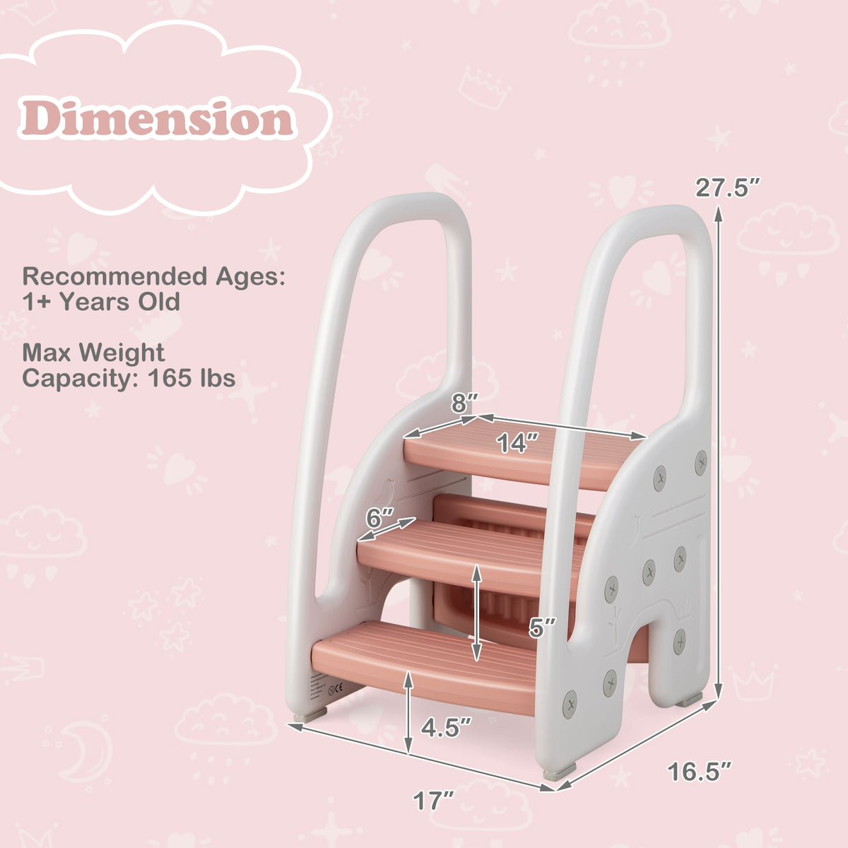 3-Step Stool with Safety Handles and Non-slip Pedals for Toddlers-Pink-Toddler & Kids Furniture-DECOROLALA