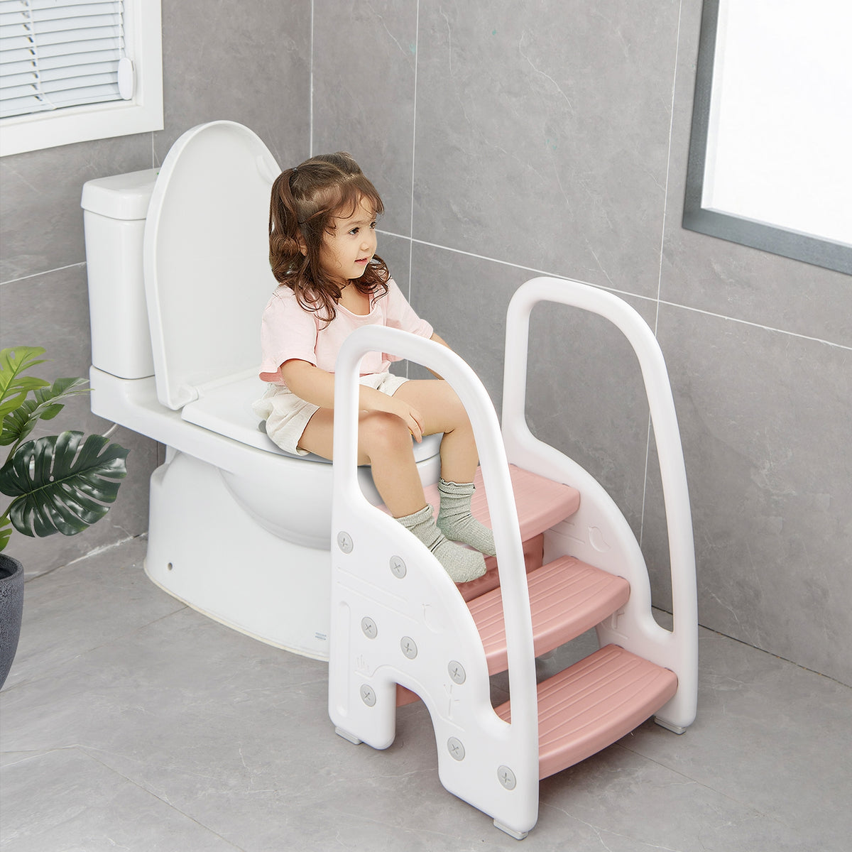 3-Step Stool with Safety Handles and Non-slip Pedals for Toddlers-Pink-Toddler & Kids Furniture-DECOROLALA