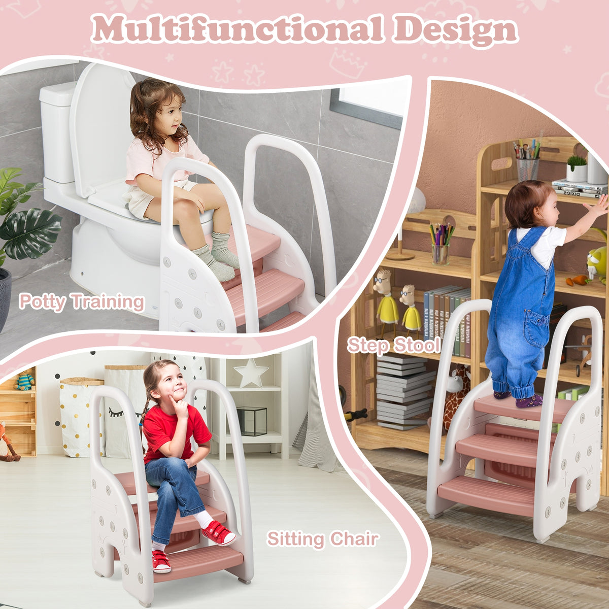 3-Step Stool with Safety Handles and Non-slip Pedals for Toddlers-Pink-Toddler & Kids Furniture-DECOROLALA
