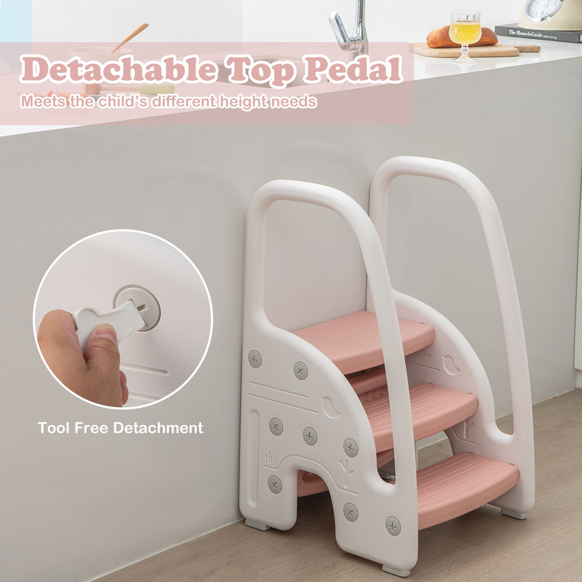 3-Step Stool with Safety Handles and Non-slip Pedals for Toddlers-Pink-Toddler & Kids Furniture-DECOROLALA