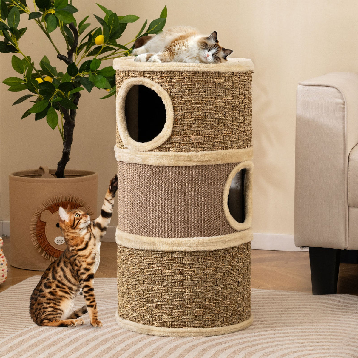 3-Story Cat Condo 28 Inch Multi-level Cat Hideaway with Sisal Scratching Pad-Brown-Cat Trees & Scratchers-DECOROLALA