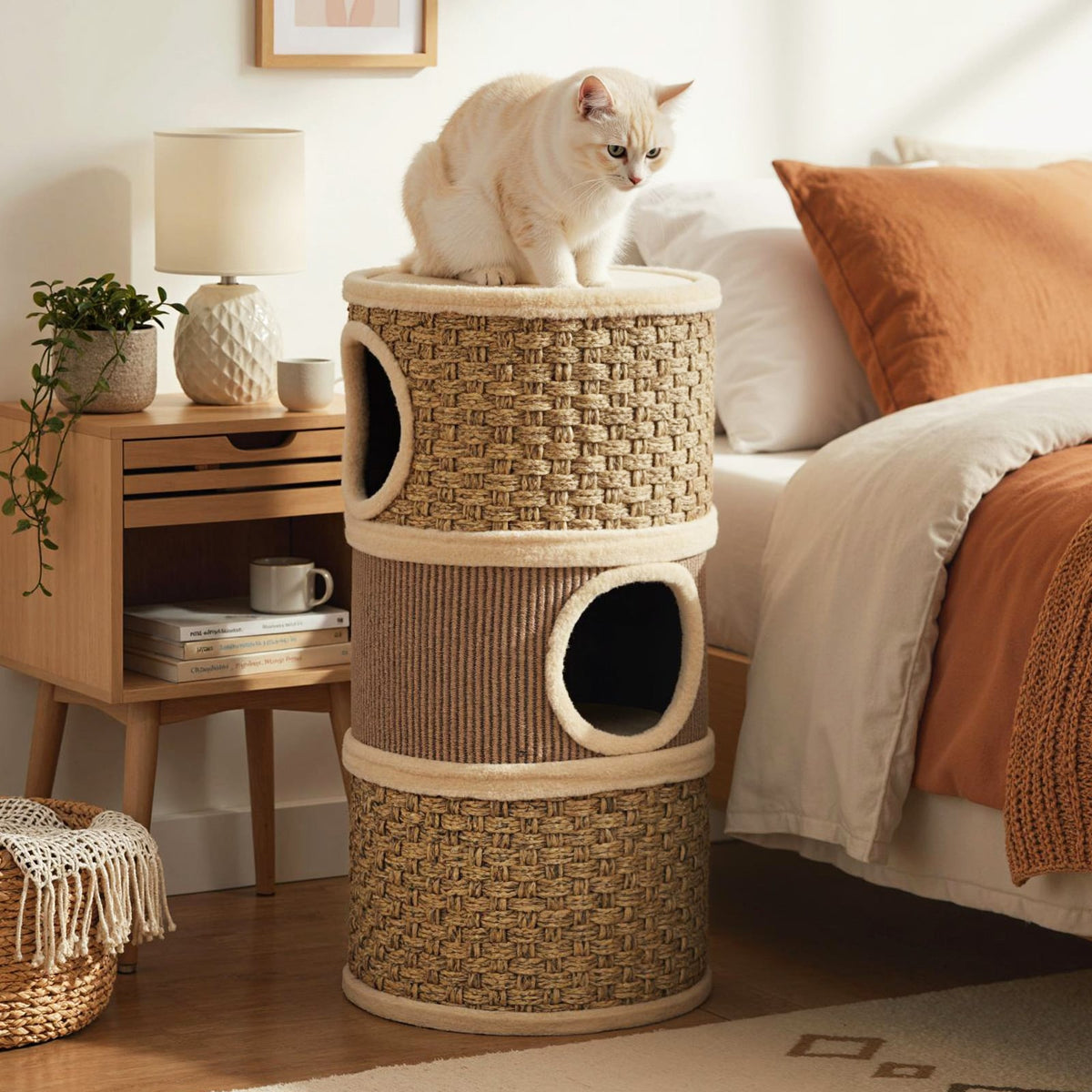 3-Story Cat Condo 28 Inch Multi-level Cat Hideaway with Sisal Scratching Pad-Brown-Cat Trees & Scratchers-DECOROLALA