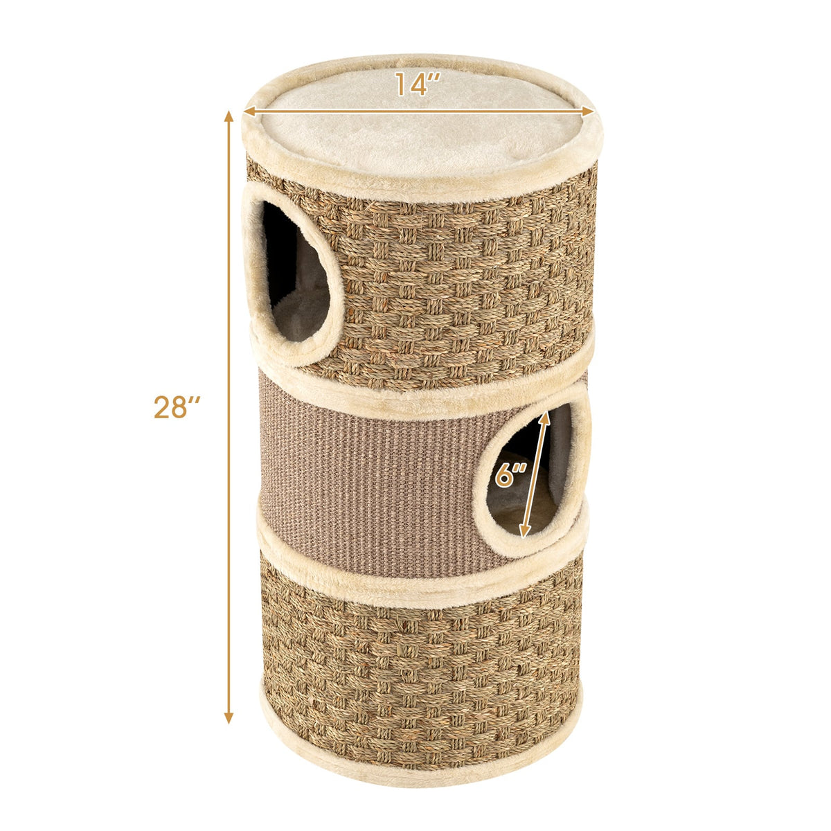 3-Story Cat Condo 28 Inch Multi-level Cat Hideaway with Sisal Scratching Pad-Brown-Cat Trees & Scratchers-DECOROLALA