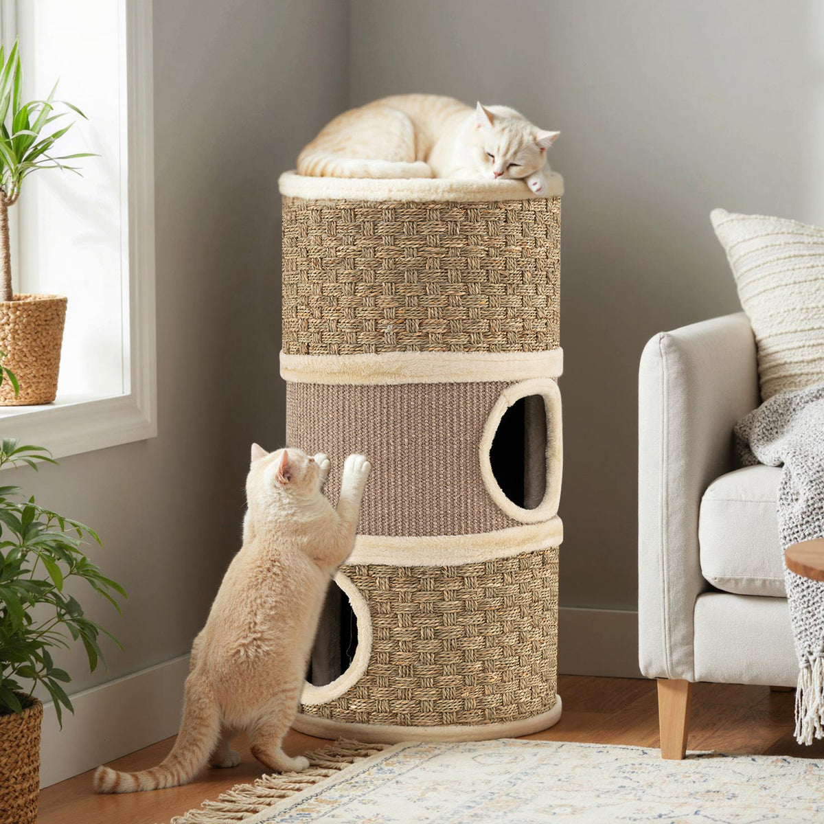 3-Story Cat Condo 28 Inch Multi-level Cat Hideaway with Sisal Scratching Pad-Brown-Cat Trees & Scratchers-DECOROLALA