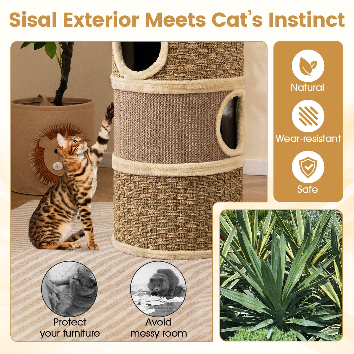 3-Story Cat Condo 28 Inch Multi-level Cat Hideaway with Sisal Scratching Pad-Brown-Cat Trees & Scratchers-DECOROLALA
