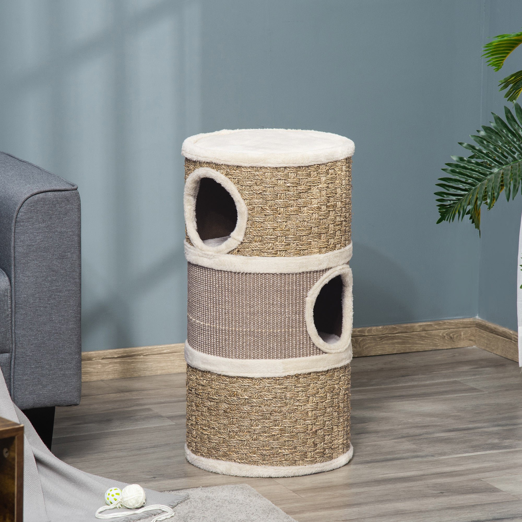 3-Story Cat Condo Tower - Sisal & Seaweed Scratching Post Khaki-Cats-DECOROLALA
