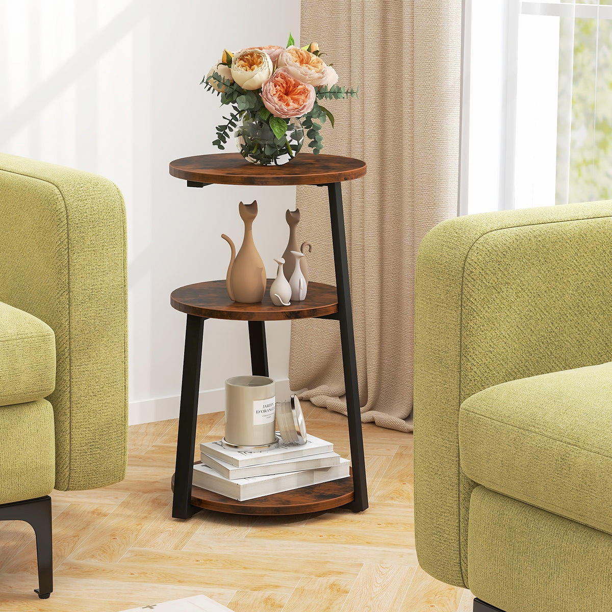 3-Tier Accent Round Side Table with Metal Frame-1 Piece-End & Side Tables-DECOROLALA