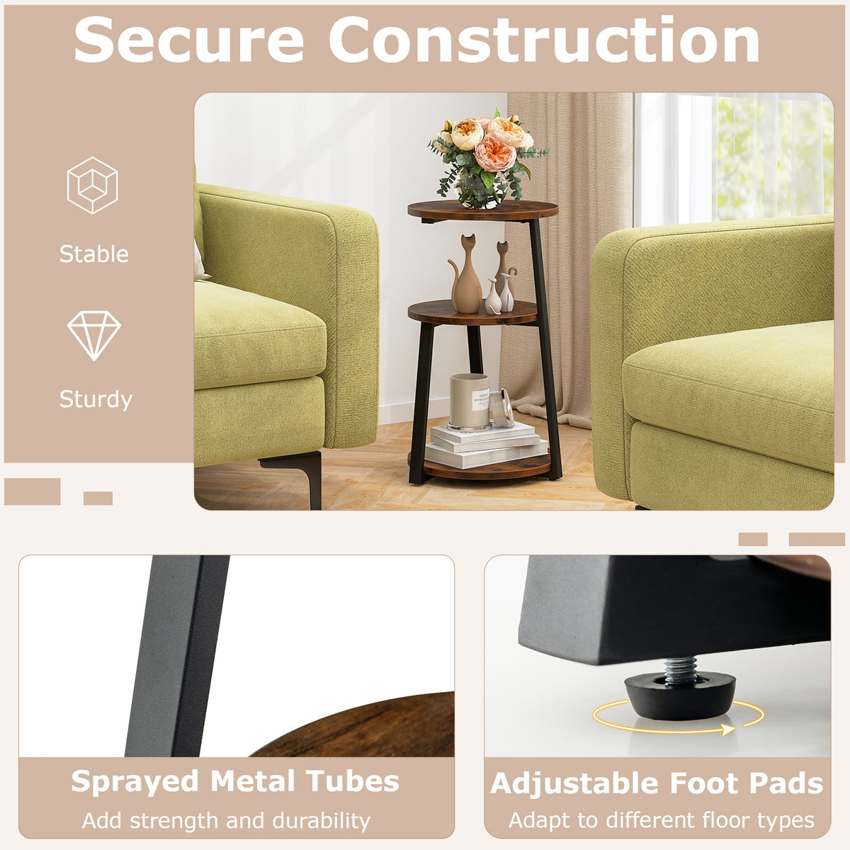 3-Tier Accent Round Side Table with Metal Frame-1 Piece-End & Side Tables-DECOROLALA