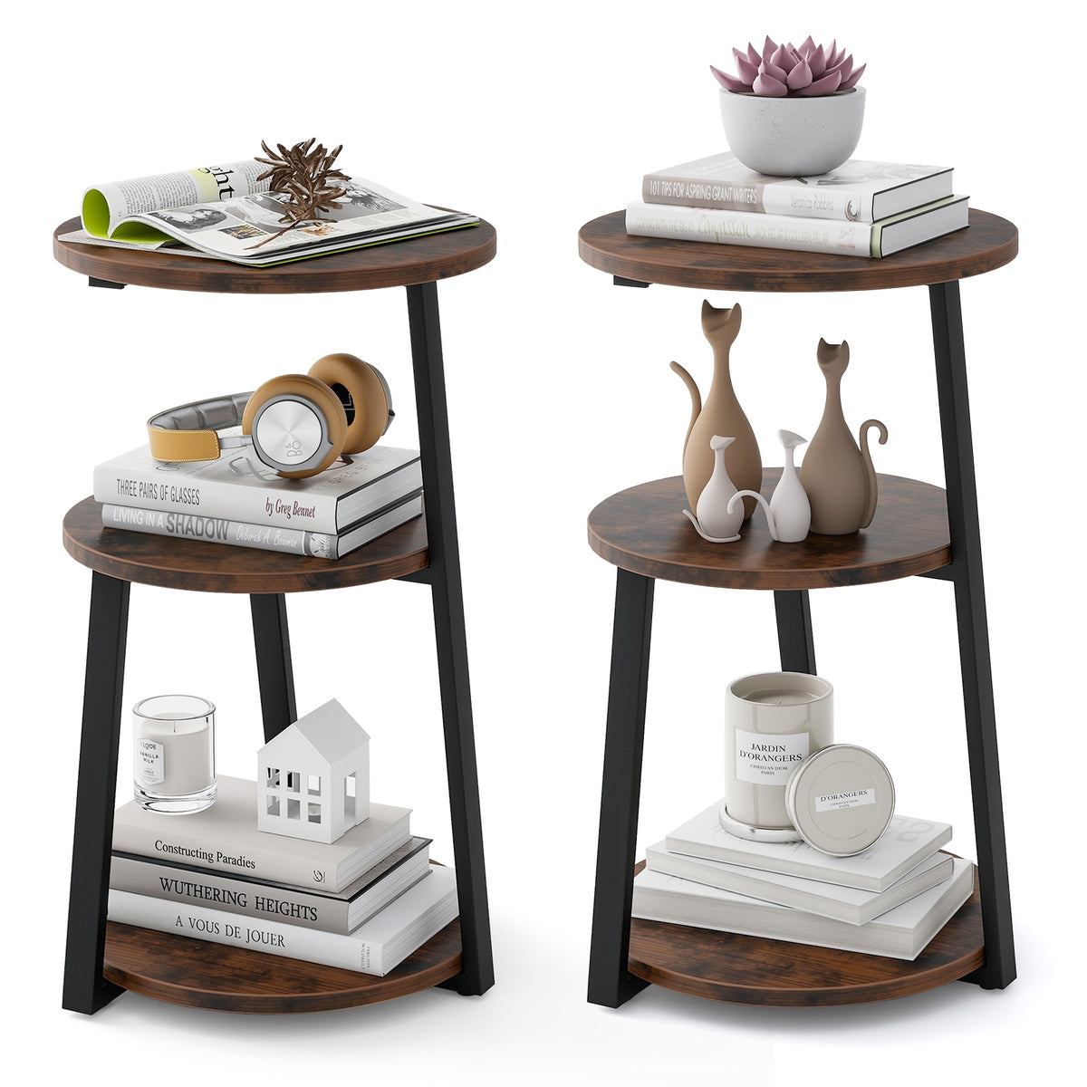 3-Tier Accent Round Side Table with Metal Frame-Set of 2-End & Side Tables-DECOROLALA