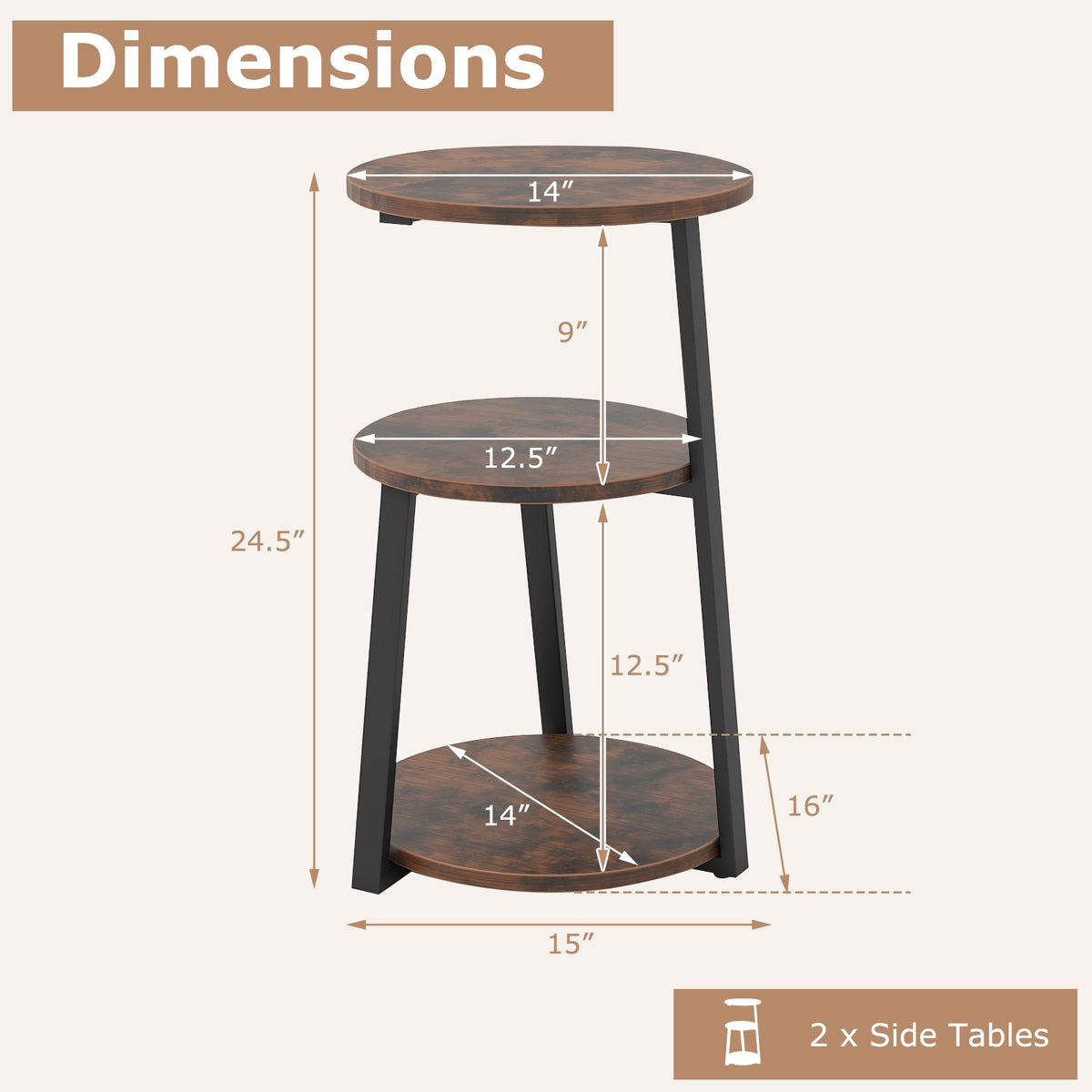 3-Tier Accent Round Side Table with Metal Frame-Set of 2-End & Side Tables-DECOROLALA