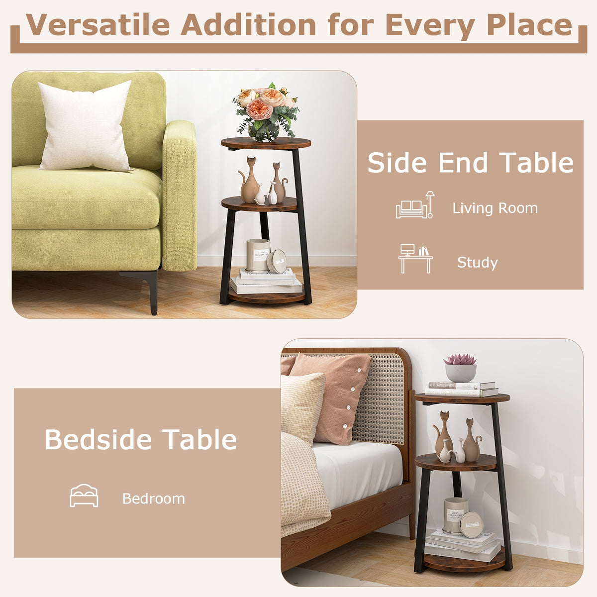3-Tier Accent Round Side Table with Metal Frame-Set of 2-End & Side Tables-DECOROLALA