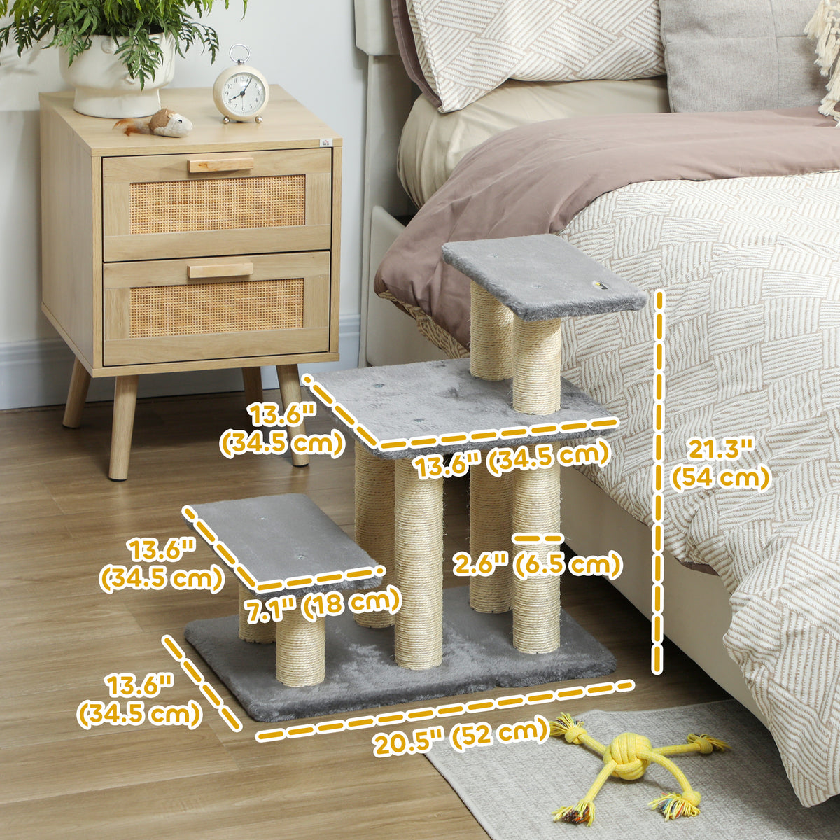 3-Tier Adjustable Pet Stairs with Sisal Scratching Posts - Grey-Dogs-DECOROLALA