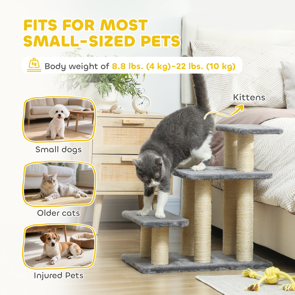 3-Tier Adjustable Pet Stairs with Sisal Scratching Posts - Grey-Dogs-DECOROLALA