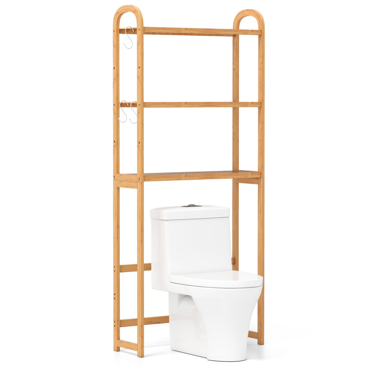 3-Tier Bamboo Bathroom Floor Organizer with 5-Position Shelves and 3 Hooks-Natural-Over the Toilet Storage-DECOROLALA
