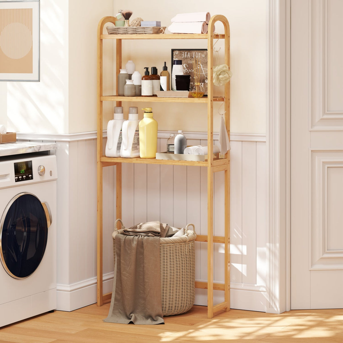 3-Tier Bamboo Bathroom Floor Organizer with 5-Position Shelves and 3 Hooks-Natural-Over the Toilet Storage-DECOROLALA