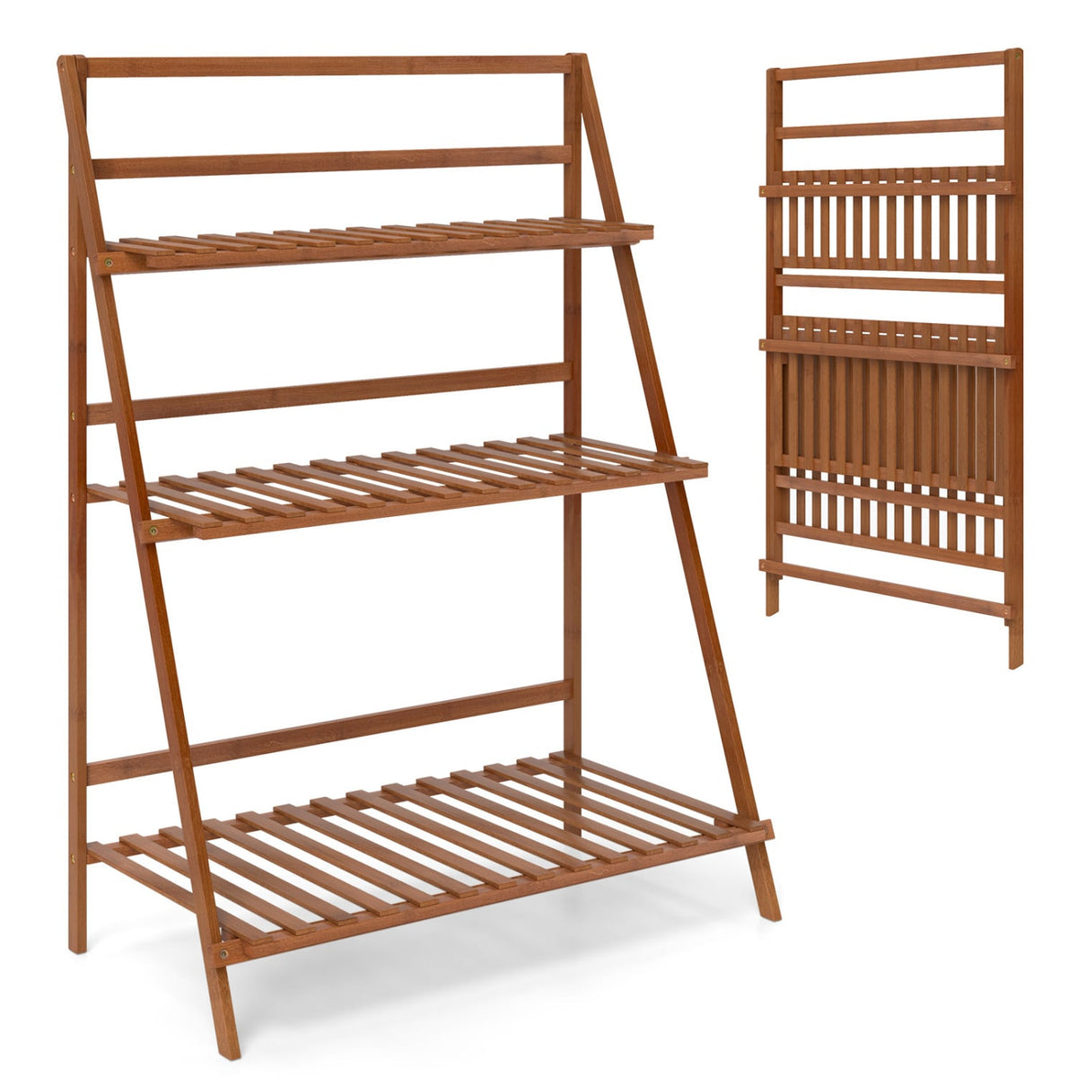 3-Tier Bamboo Ladder Shelf Foldable Plant Flower Bookshelf-Brown-Plant Stands-DECOROLALA