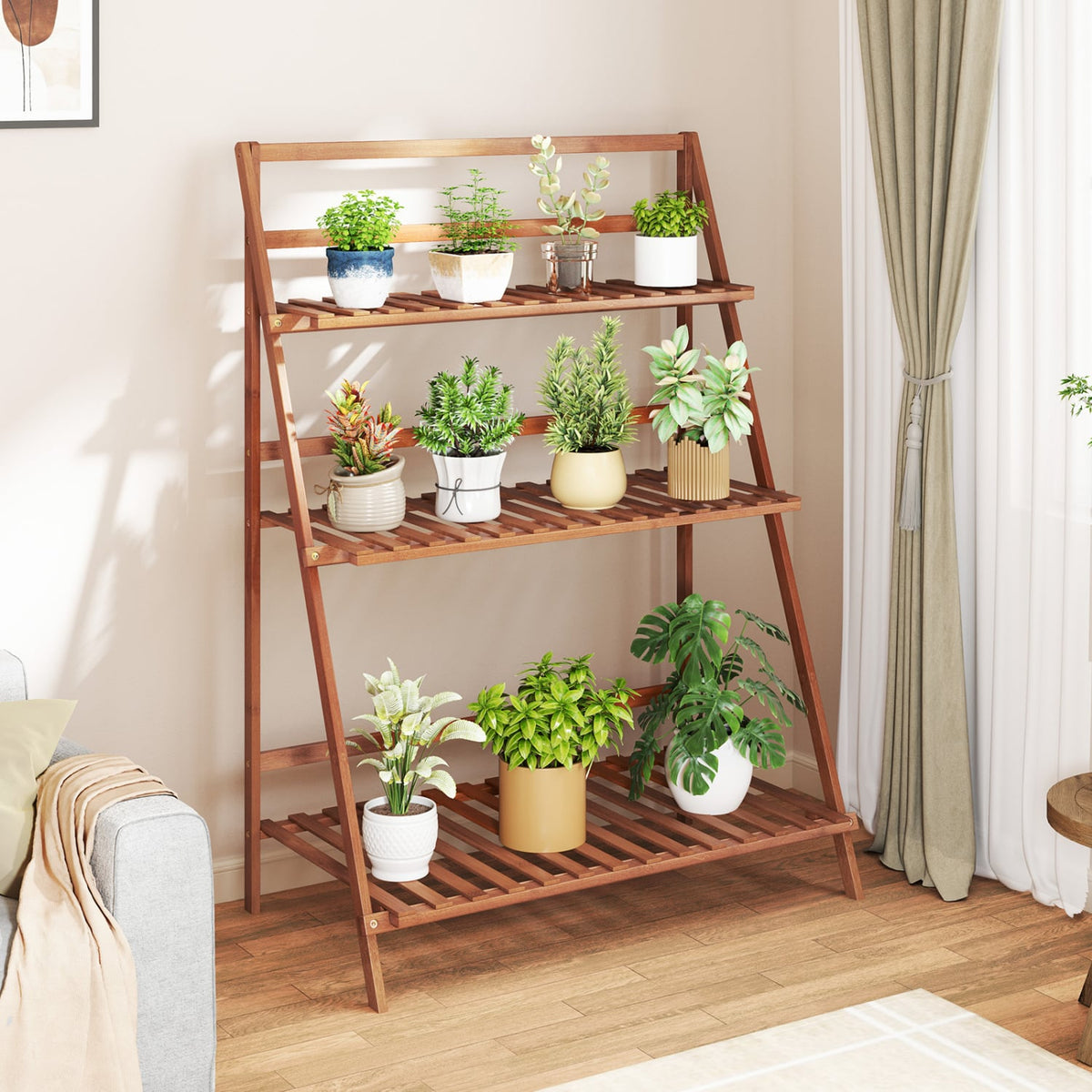 3-Tier Bamboo Ladder Shelf Foldable Plant Flower Bookshelf-Brown-Plant Stands-DECOROLALA